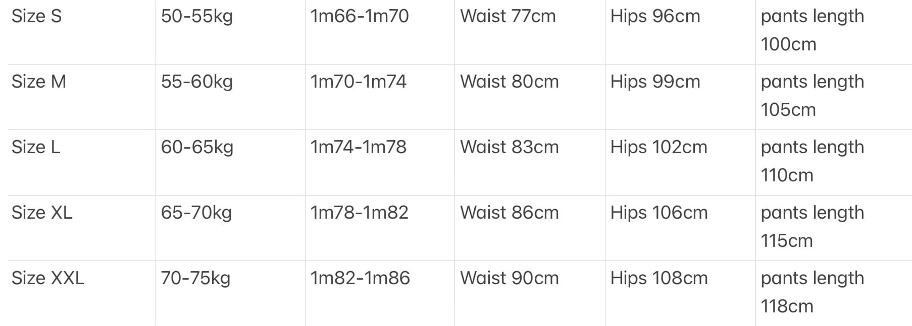 Aza Pant size chart