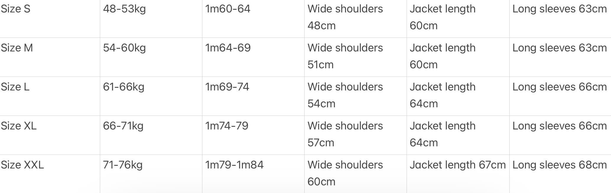 Diego Jacket size chart