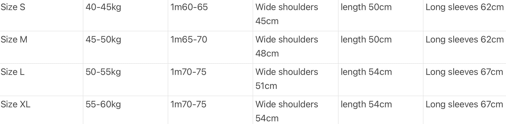 Diego Jacket size chart
