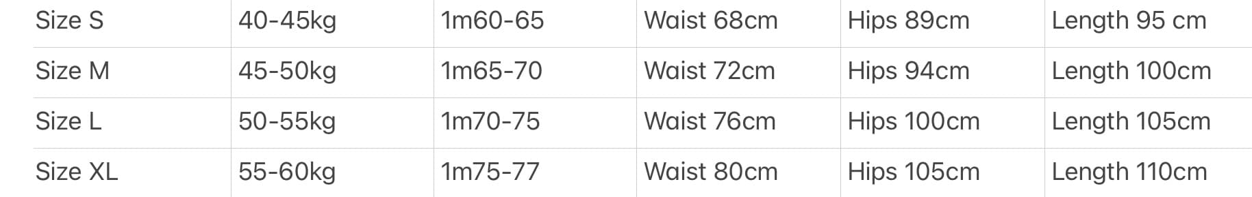Gun Pant size chart