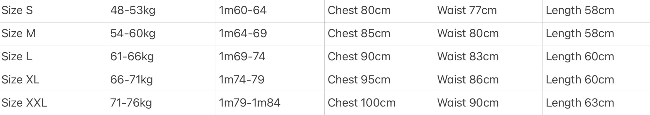 Sword Tank Top size chart