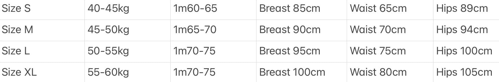 Zipper Tank Top size chart